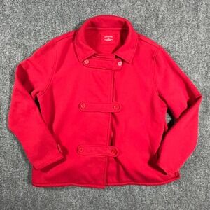 Lands End Kids Red Fleece Jacket Button Front Double Breasted Size L 14 16